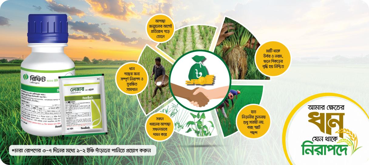 Graphic showing a pesticide bottle with icons and Bengali text about safe use
