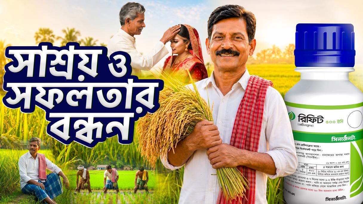 Man in white shirt with red scarf; Bengali text and a medicine bottle graphic